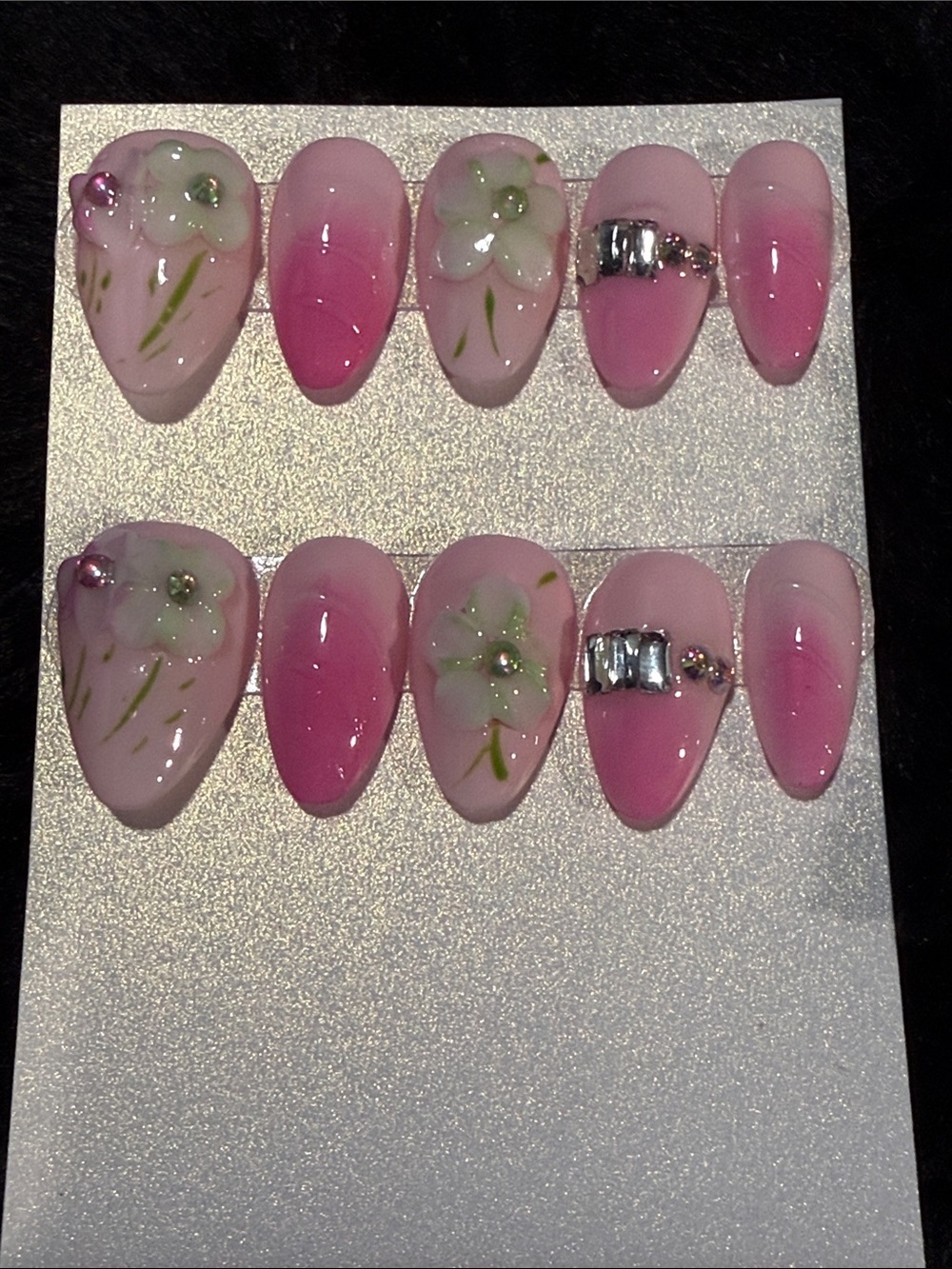Pink Floral Press-On Nail Set with Rhinestone Accent